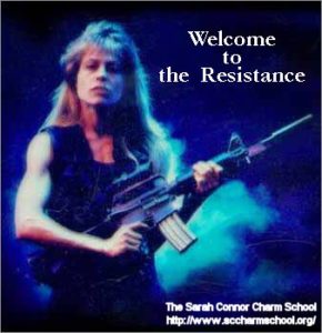 Promo photo of Linda Hamilton as Sarah Connor from T2, with "Welcome to the Resistance!" text